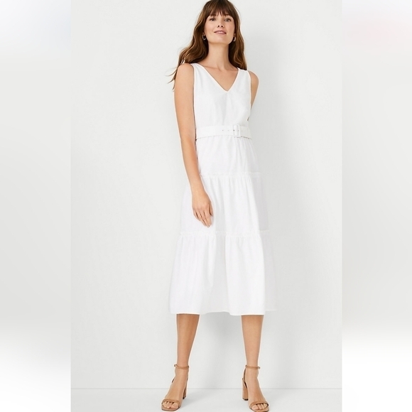 Ann Taylor White Belted Flare Dress - threedaughtersproperties.com